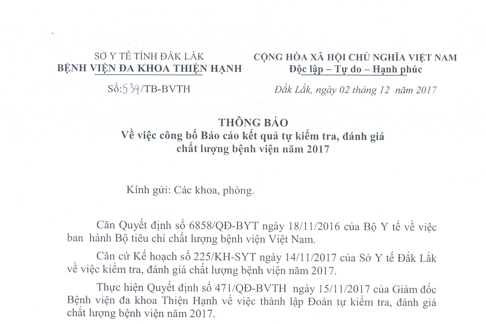 Bệnh viện Thiện Hạnh: Công bố Báo cáo kết quả tự kiểm tra, đánh giá chất lượng
				bệnh viện năm 2017